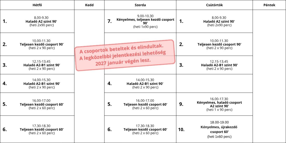 Élményspanyol órarend